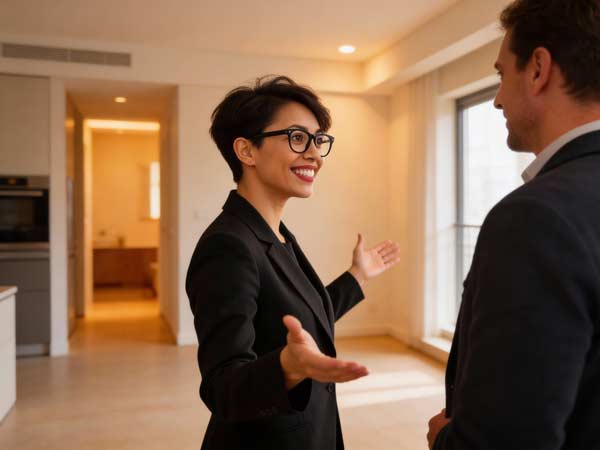 Ein Markler im Anzug, lächelnd und mit offenen Armen gestikulierend, spricht mit einem Mann im Anzug in einer hellen, modernen Wohnung mit großen Fenstern und einem offenen Küchenbereich, in dem beeindruckende Objekte ausgestellt sind.