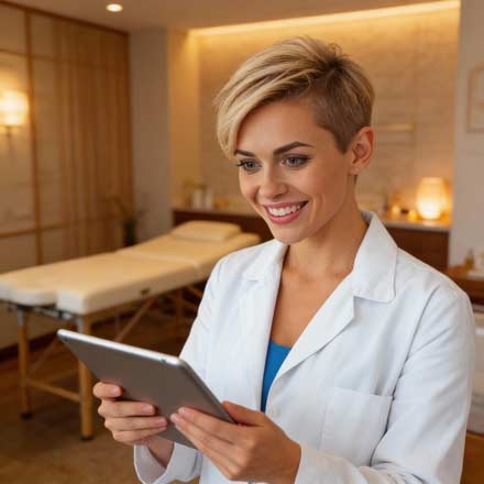 Eine lächelnde Frau in einem weißen Laborkittel steht in einer modernen Arztpraxis und schaut auf ein Tablet - vielleicht checkt sie die sozialen Medien oder bucht einen Massagetermin. Im Hintergrund sind ein Behandlungstisch und eine warme Umgebungsbeleuchtung zu sehen.
