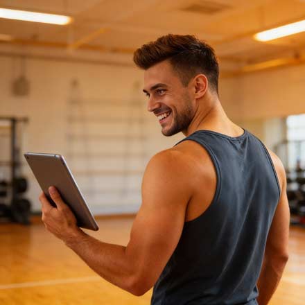 Ein lächelnder Mann in einem ärmellosen Hemd steht in einem hell erleuchteten Fitnessstudio, hält ein Tablet in der Hand und schaut über die Schulter - vielleicht überprüft er soziale Medien oder Updates für die neue Website des Studios. Im Hintergrund sind Geräte und Spiegel zu sehen.