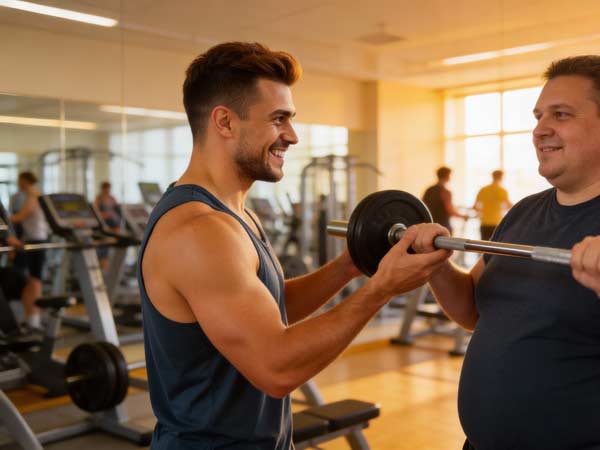 Ein Personaltrainer lächelt, während er einem Kunden im Fitnessstudio beim Heben einer Langhantel hilft. Trainingsgeräte füllen den Raum, Sonnenlicht fällt durch große Fenster, und die Szene fängt die Motivation der neuen Kunden ein, die ihre Fitnessreise beginnen.