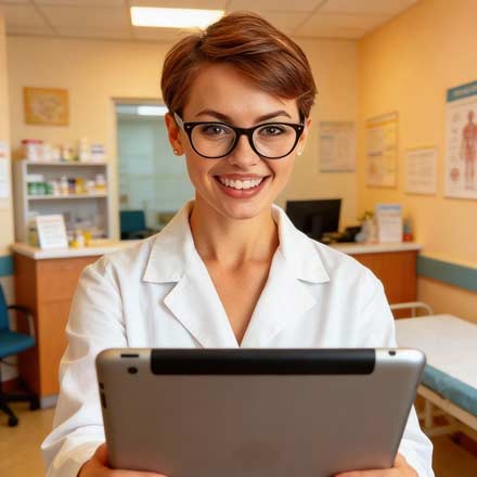 Eine lächelnde Ärztin mit kurzen Haaren und Brille hält ein Tablett in einer Pflegedienstpraxis und trägt einen weißen Laborkittel. Im Hintergrund sind Regale, ein Schreibtisch und medizinische Poster zu sehen.