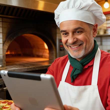 Ein lächelnder Koch mit weißer Mütze und Schürze benutzt ein Tablet in einer Küche und prüft die Online-Bestellung, während im Hintergrund ein Holzofen und eine Pizza zu sehen sind.