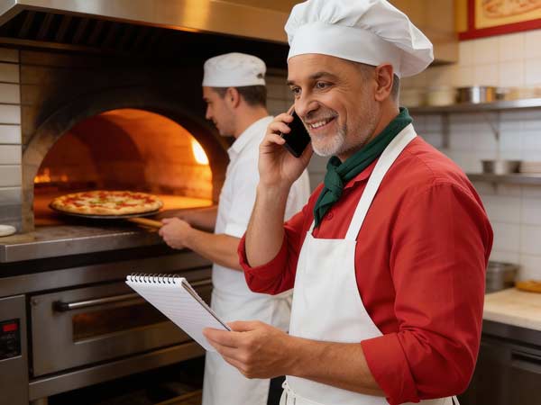 Ein lächelnder Koch in rotem Hemd und weißer Schürze hörts seinen Online-Voice-Agenten am Telefon und hält einen Notizblock in der Hand. Ein anderer Koch bäckt im Hintergrund eine Pizza in einem Holzofen.