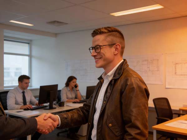 Ein Mann in einer braunen Lederjacke und mit Brille lächelt, während er jemandem in einem Büro die Hand schüttelt und eine erfolgreiche Projektentwicklung hervorhebt. Im Hintergrund arbeiten zwei Mitarbeiter an Computern, an der Wand hängen Architekturpläne.