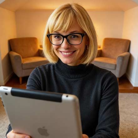 Eine Frau mit blondem Haar und Brille, die einen schwarzen Pullover trägt, lächelt, während sie in einem gemütlichen Raum mit zwei Sesseln ein Tablet in der Hand hält - vielleicht checkt sie ihre sozialen Medien oder surft auf einer neuen Website.