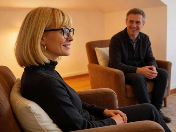Eine Frau mit blondem Haar und Brille sitzt lächelnd in einem Sessel während einer Beratung, während ein Psychologe in der Nähe in einem anderen Stuhl sitzt, beide wirken entspannt in dem gemütlichen, gut beleuchteten Raum.