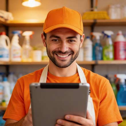Ein Mann mit orangefarbener Mütze, orangefarbenem Hemd und weißer Schürze lächelt, während er mit einem Tablet vor Regalen mit Reinigungsmitteln steht - vielleicht aktualisiert er die sozialen Medien oder die neue Website seines Reinigungsdienstes.