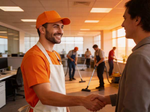 Ein lächelnder Mitarbeiter des Reinigungsdienstes in orangefarbener Uniform und Mütze schüttelt einem Mann in einem Büro die Hand und heißt neue Kunden willkommen, während im Hintergrund andere Mitarbeiter staubsaugen und putzen.