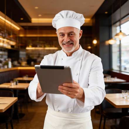 Ein lächelnder Koch in weißer Uniform und Mütze steht in einem Restaurant und hält ein Tablet in der Hand. Tische und Stühle füllen den warm beleuchteten, modernen Essbereich im Hintergrund und deuten auf Social-Media-Updates oder digitale Speisekarte hin.
