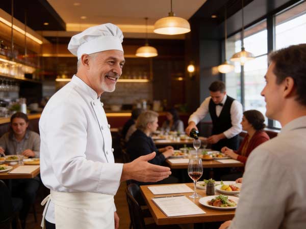 Ein lächelnder Koch in weißer Uniform und Mütze begrüßt die Gäste an einem Restauranttisch, während die Gäste ihre Mahlzeiten genießen und ein Kellner im Hintergrund Wein einschenkt. Die Atmosphäre ist warm, einladend und voller Vorfreude auf die Speisekarte.