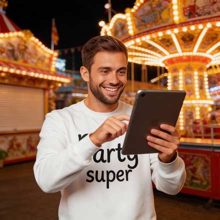 Ein lächelnder Mann in einem weißen Sweatshirt benutzt ein Tablet in einem hell erleuchteten Vergnügungspark mit einem Karussell im Hintergrund, um die sozialen Medien für die Veranstaltungen von schausteller zu verwalten.