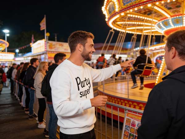 Ein Mann in einem Party-Super-Sweatshirt lächelt und zeigt aufgeregt auf ein hell erleuchtetes Karussell auf einem nächtlichen Jahrmarkt, während die Leute hinter einem Metallgeländer neben einem bunten Verkaufsstand Schlange stehen.