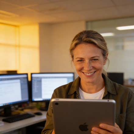 Eine Frau lächelt, während sie ein iPad in einem Büro mit Computermonitoren, die soziale Medien anzeigen, und warmer Beleuchtung im Hintergrund hält.