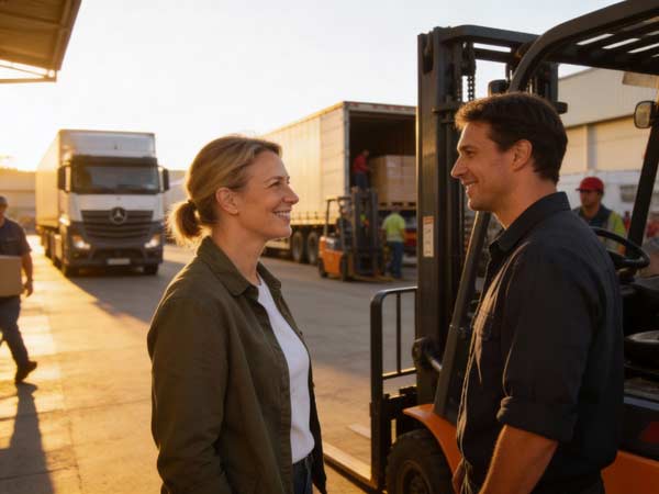 Eine Frau und ein Mann lächeln sich an, während sie im Freien in der Nähe eines Gabelstaplers und von Lastwagen an einer belebten Speditionsverladestelle stehen, während im Hintergrund Arbeiter mit Frachten hantieren.