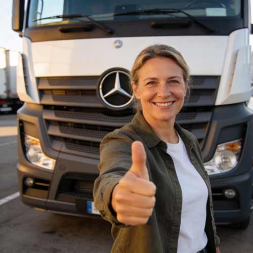 Eine lächelnde Speditionskauffrau zeigt den Daumen nach oben vor einem großen weißen Mercedes-Benz-LKW, der im Freien geparkt ist und Zuversicht und Positivität suggeriert.