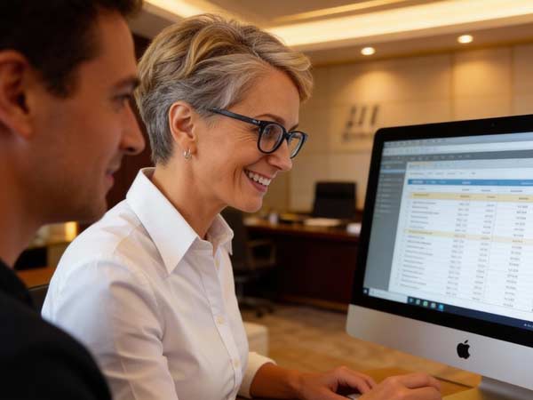 Zwei Kollegen, eine Frau mit kurzen grauen Haaren und Brille und ein Mann mit dunklen Haaren, lächeln, während sie in einer modernen Büroumgebung Buchhaltung und Finanzdaten auf einem Computerbildschirm überprüfen.