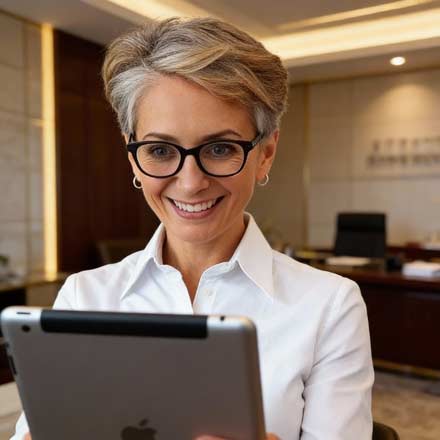 Eine lächelnde Frau mit kurzen grauen Haaren und Brille verwendet ein Tablet in einer modernen Büroumgebung und überprüft möglicherweise Updates in den sozialen Medien. Sie trägt ein weißes Hemd und scheint beschäftigt zu sein. Im Hintergrund sind ein Bürotisch und Regale zu sehen.