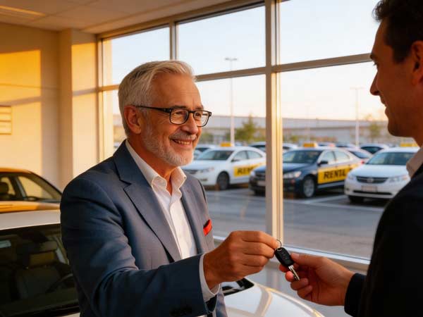 Ein älterer Mann in einem blauen Anzug lächelt, während er einer anderen Person in einem Autohaus einen Autoschlüssel übergibt. Durch das Fenster im Hintergrund sind mehrere Mietwagen zur Vermietung zu sehen.