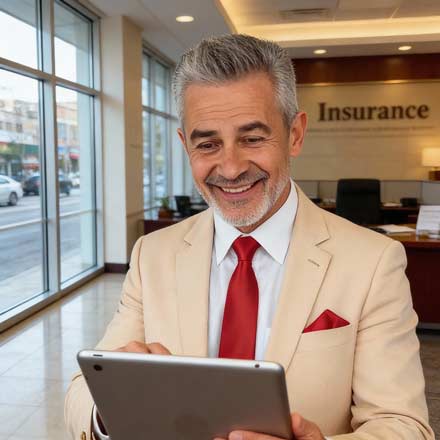 Ein lächelnder Mann im beigen Anzug und mit roter Krawatte benutzt ein Tablet in einem modernen Büro mit großen Fenstern. An der Wand hinter ihm ist das Wort "Versicherung" zu lesen, ein Hinweis darauf, dass er sich bei der Einführung der neuen Website auf die sozialen Medien konzentriert.
