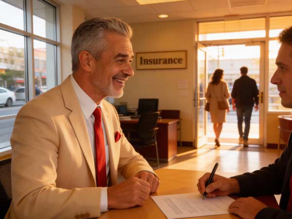 Ein lächelnder Mann in einem beigen Anzug sitzt an einem Schreibtisch gegenüber einem anderen Mann, der in einem hellen Büro der Versicherung ein Dokument unterschreibt. Im Hintergrund gehen zwei Interessierte zur Tür hinaus.