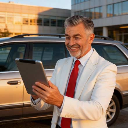 Ein lächelnder Mann in weißem Anzug und roter Krawatte steht draußen, hält ein Tablet in der Hand und schaut darauf - vielleicht überprüft er seine neue Website oder verwaltet soziale Medien. Ein Auto und ein Bürogebäude sind im Hintergrund zu sehen, Sonnenlicht beleuchtet die Szene.