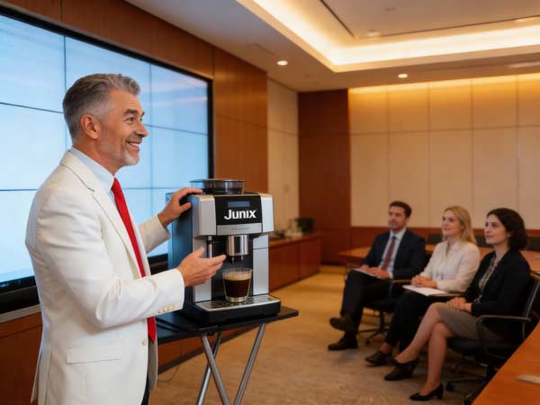 Ein Junix-Vertreter im weißen Anzug und mit roter Krawatte führt drei sitzenden Partnern in einem modernen Konferenzraum die Kaffeemaschine vor.