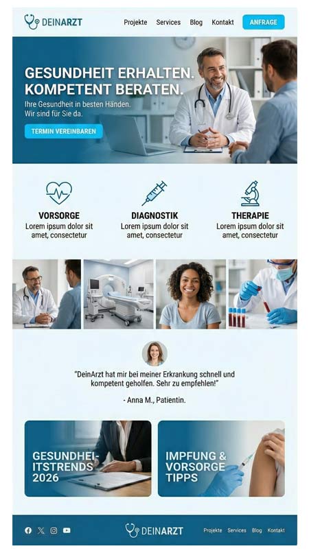 Eine seriöse medizinische Website-Homepage mit Ärzten, die einen Patienten beraten, Icons für Vorsorge, Diagnostik und Therapie, Rubriken für Gesundheitstrends und Impftipps, Terminvereinbarungsoptionen und ein Testimonial. Blaues und weißes Farbschema.