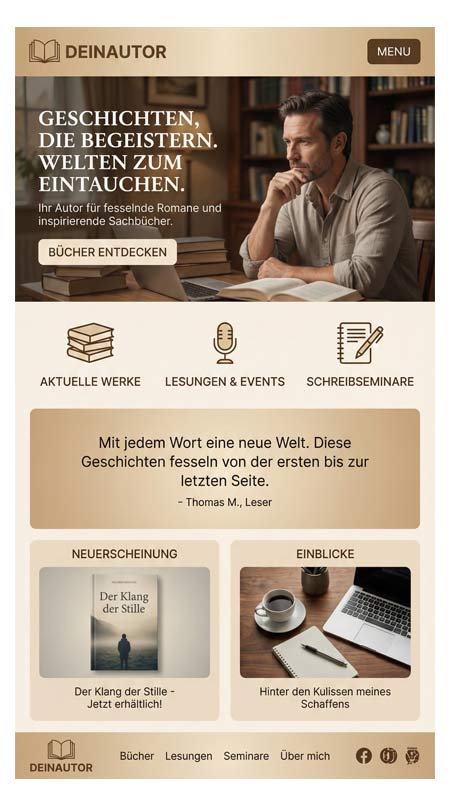 Eine Website-Autoren-Homepage: Ein Mann sitzt an einem Schreibtisch und schreibt. Die Website bietet Bücher, Lesungen und Veranstaltungen, Seminare, Einblicke und einen Online-Shop - alles in einem beige-braunen Farbschema mit intuitiven Navigationsschaltflächen.