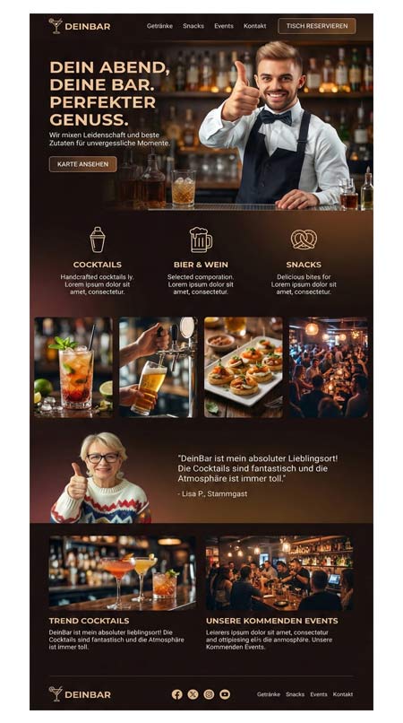 Eine moderne Bar-Homepage mit einem lächelnden Barkeeper mit Cocktail, Online-Speisekarte, Getränke- und Snack-Optionen, anstehenden Szene-Events, Kundenrezensionen und Navigationslinks - alles in warmer Beleuchtung und einladender Atmosphäre.