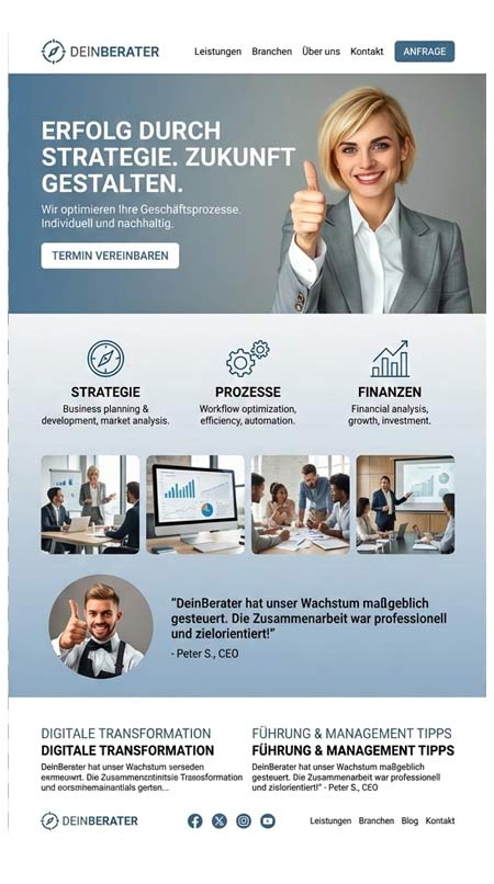 Eine Unternehmensberatungs-Website wirbt für Strategie-, Analyse- und Finanzdienstleistungen. Mit einer lächelnden Frau im Anzug, Icons, Fotos von Fachleuten, Zeugnissen und Call-to-Action-Schaltflächen in einem sauberen, modernen Website-Beratungslayout.
