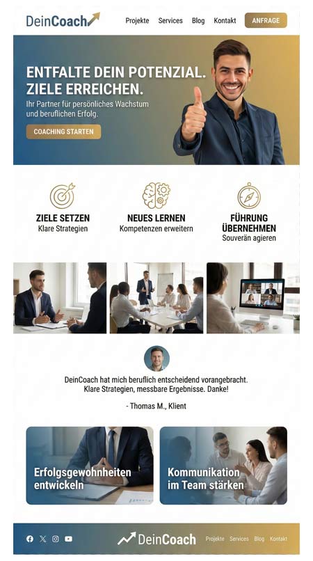 Screenshot einer Coaching-Homepage mit einem lächelnden Mann, der den Daumen nach oben streckt - Ihr Website-Coach für Erfolg. Die Icons heben die Themen Zielsetzung, Lernen und Führung hervor, mit einem Text, der ein Zeugnis ausstellt. Blaues und weißes Design mit einfacher Navigation und Schaltflächen.