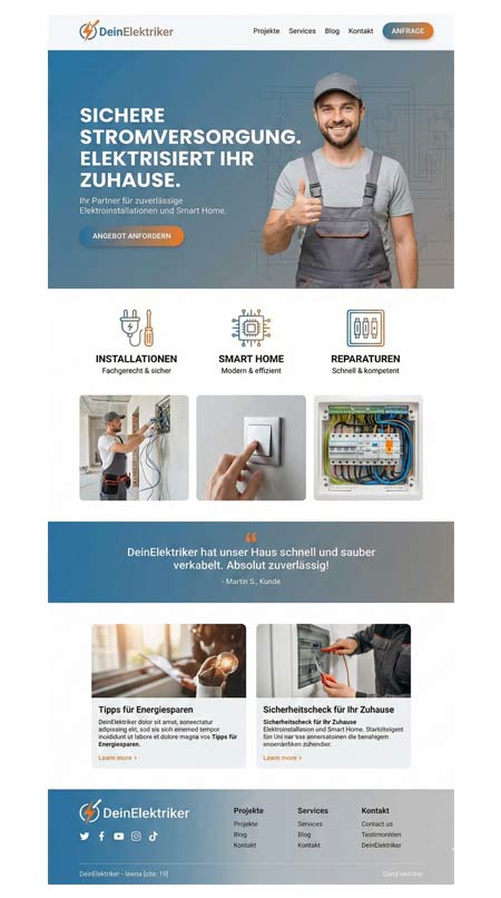 Screenshot einer Website von Elektriker mit Bildern von Elektrikern, Dienstleistungssymbolen und Text, die Installations-, Smart Home- und Reparaturdienste anbieten. Das saubere Layout bietet blaue, weiße und orange Akzente sowie eine Option für Terminbuchungen.