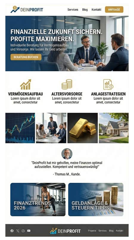 Eine deutsche Business-Homepage für Finanzdienstleistungen mit Bildern von Profis, Häusern und goldenen Münzen. Sie bietet Navigation, Servicebeschreibungen, Testimonials und einen hervorgehobenen Kontaktbutton - ideal für moderne Geldanlage oder Asset-Beratung.