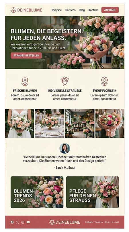 Eine Homepage für Floristen mit Blumensträußen, Kategorien für frische Blumen, individuelle Arrangements und Eventfloristik, Kundenrezensionen, Blumentrends und Pflegetipps. Das Design von blumenhandel verwendet Grün-, Rosa- und Beigetöne.