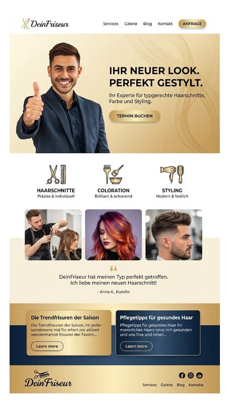 Eine moderne Website Friseur mit einem lächelnden Mann, der einen Daumen nach oben zeigt, stilvollen Haarservice-Symbolen, Kundenfotos, Abschnitten für Haarschnitte, Färben, Styling, Kundenrezensionen, Tipps für gesundes Haar - alles in schicken Beige-, Gold- und Brauntönen.