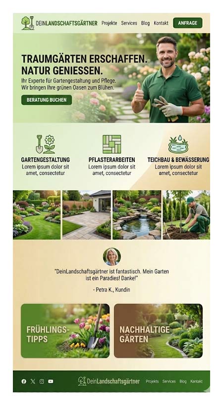 Eine landschafts Website gartenbau homepage zeigt einen lächelnden landschafts gärtner, der eine Pflanze hält. Die Abschnitte heben Gartendesign, Pflasterung, Teichbewässerung, Erfahrungsberichte und Tipps für den Frühling und nachhaltige Gartenarbeit hervor. Durchgehend grüne Akzente und Pflanzenbilder.