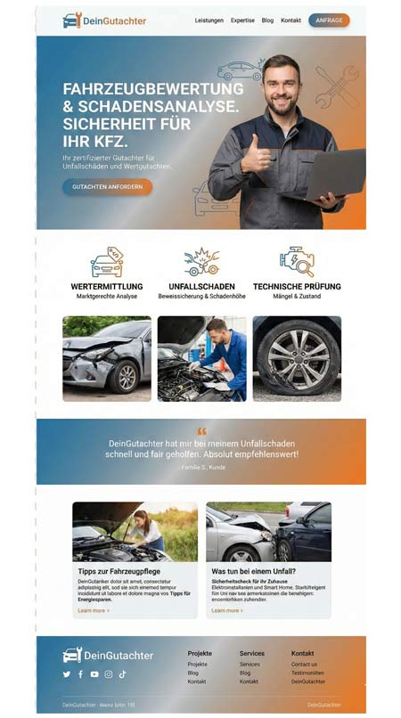 Screenshot einer kfz-Bewertungswebsite. Ein lächelnder Mann in einem blauen Hemd hält ein Klemmbrett und zeigt den Daumen nach oben. Zu den Funktionen gehören Fahrzeugbewertung, Unfallschadenanalyse, technische Inspektion, Tipps zur Fahrzeugwartung und Beratung zu Versicherungen.