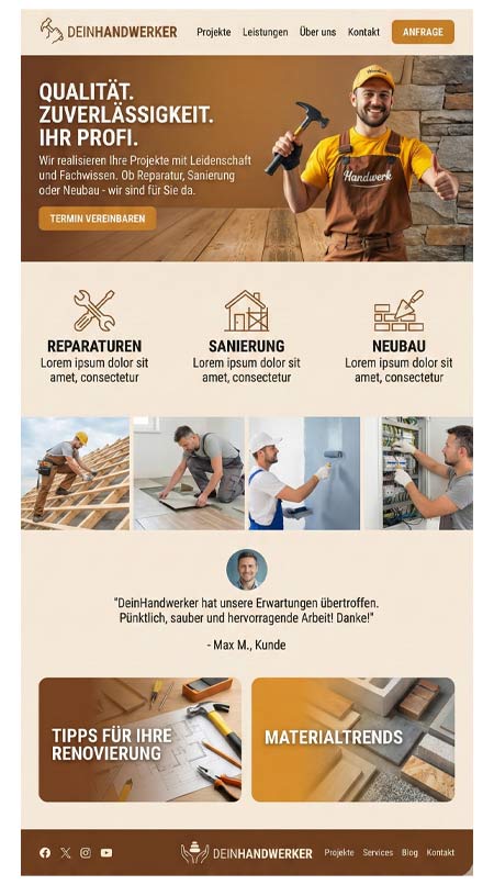 Auf der Startseite einer Website von handwerker ist ein lächelnder Mann in Arbeitskleidung zu sehen, der eine Säge hält. Es gibt Rubriken für Reparaturen, Renovierungen, Tipps und Materialien sowie einfache Terminbuchungen und WhatsApp-Kontakt für schnelle Anfragen.