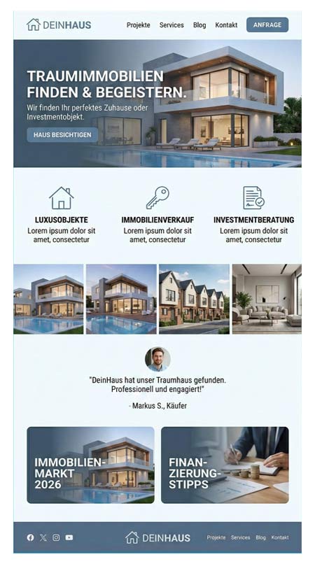 Eine moderne Website Immobilien-Homepage mit Luxusimmobilien für Verkauf Häuser und Vermietung, Service-Icons, Kundenstimmen und einer Navigationsleiste mit Projekten, Services, Blog, Kontakt und einem Anfrage-Button.