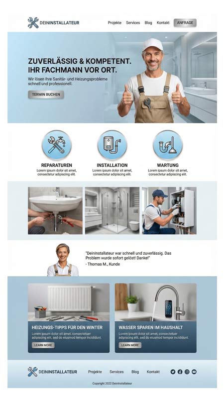 Screenshot einer Website für einen Installationsdienst mit einem lächelnden Klempner, Reparatur-, Installations- und Wartungsdiensten, Kundenberichten, Bildern von Klempnerarmaturen und einer einfachen Terminierungsfunktion. Das saubere Layout verwendet blaue und weiße Farben.