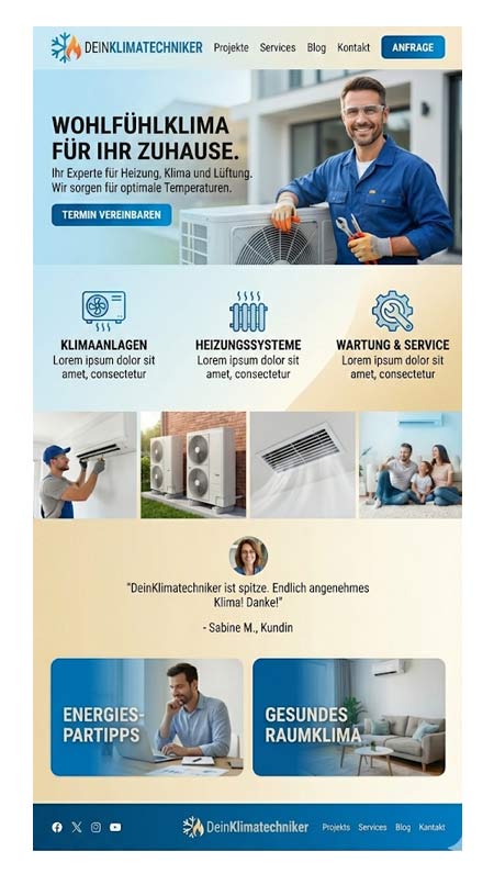 Die Homepage eines Klimatechnikers zeigt Bereiche für Klimaanlagen, Heizung und Service, mit Bildern von Menschen, HLK-Geräten wie Wärmepumpen und Kundenstimmen. Das Design verwendet blaue und orange Akzente.