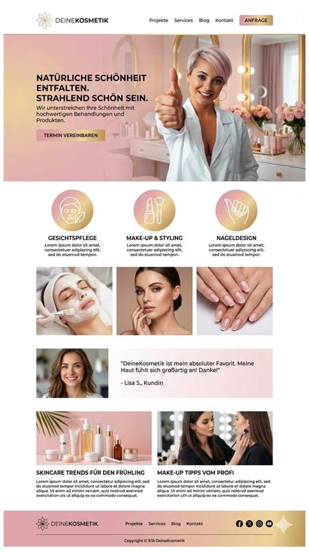 Die Homepage eines Schönheitssalons zeigt eine lächelnde Frau mit strahlender Haut. Die Abschnitte heben Gesichtsbehandlungen, Nagelstudio-Dienstleistungen, Wellness-Tipps, Kundenstimmen, Hautpflegetrends und Make-up-Tipps hervor, mit Bildern von Frauen und Schönheitsprodukten.