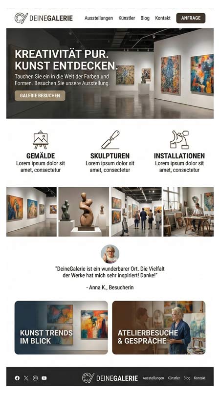 Screenshot einer Website der kuenstler galerie mit Rubriken für Gemälde, Skulpturen und Installationen, mit Ausstellungsfotos, Erfahrungsberichten, Navigationsmenü und Schaltflächen zur Erkundung von Kunsttrends oder zur Buchung von Atelierbesuchen.