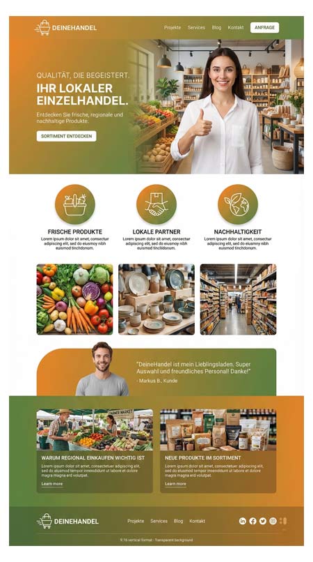 Screenshot der Homepage der Website lokaler Einzelhandel: Eine lächelnde Frau in ihrem Laden, Icons für frische Produkte, lokale Partner und Nachhaltigkeit, dazu Rubriken für regionales Einkaufen, Onlineshop-Funktionen und Kundenstimmen.
