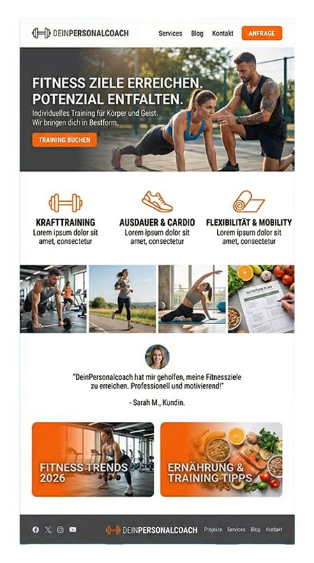 Eine Website-Homepage für einen Personal-Coach-Service, z. B. eine Website für Personal Trainer, mit Bildern von Trainierenden, Abschnitten für Kraft, Kardio, Mobilität, Erfahrungsberichten, Fitnesstrends in den sozialen Medien, Ernährungstipps und einfachen Navigationslinks.