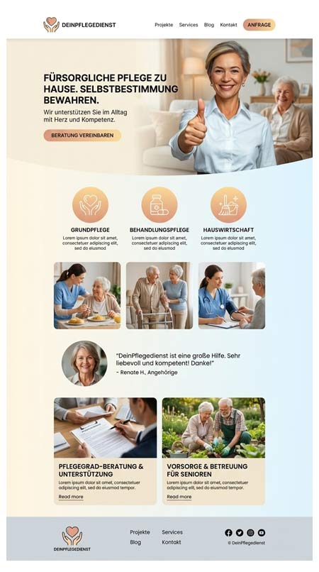 Homepage der Website Pflegedienst mit lächelnden älteren Frauen und Pflegekräften, Dienstleistungsbeschreibungen, Erfahrungsberichten und Navigationslinks. Sanfte Beige- und Blautöne mit Call-to-Action-Buttons für die Terminvereinbarung von Beratungsgesprächen.