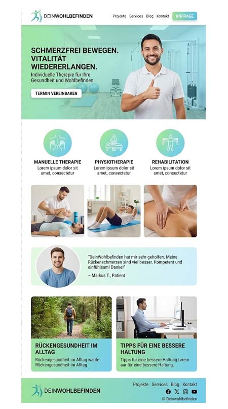 Screenshot einer Website für Physiotherapie mit einer Kopfzeile, die einen lächelnden Mann beim Joggen im Freien zeigt. In den Abschnitten werden manuelle Therapie, Rehabilitation, Erfahrungsberichte, Haltungstipps und Kontaktinformationen mit ansprechenden Symbolen und Fotos präsentiert.