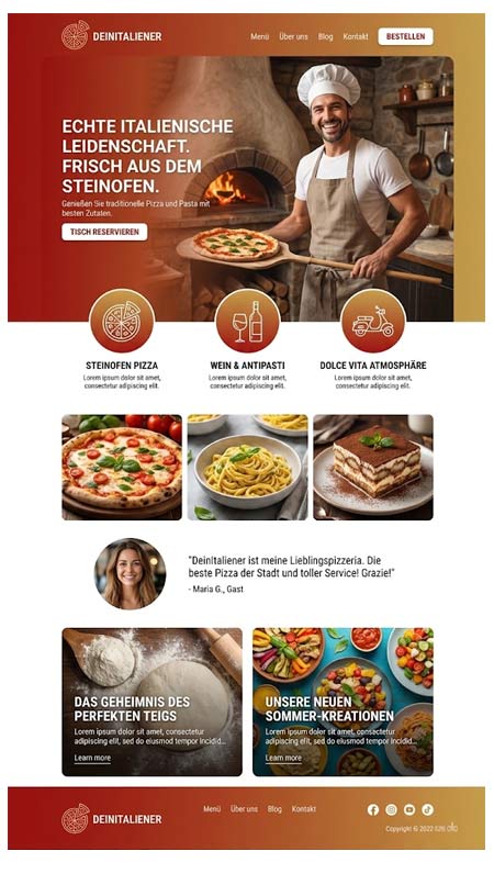Eine Restaurant-Homepage für eine Website-Pizzeria mit einem lächelnden Chefkoch mit Pizza, köstlichen Gerichten wie Antipasto, Kundenrezensionen und einladender italienischer Küche. Warme Farben betonen die Speiseoptionen, den Lieferservice und eine Online Bestell App für einfache Bestellungen.