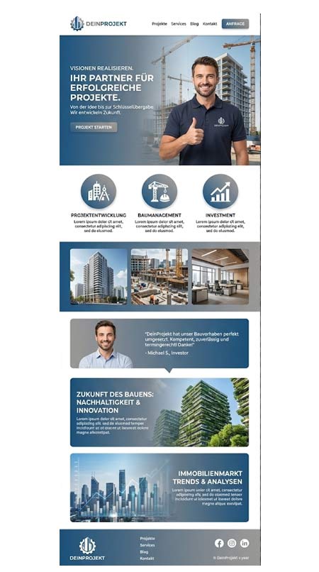 Eine Geschäftswebseite zeigt einen lächelnden Mann in einem blauen Poloshirt mit Baustellen im Hintergrund. Die Abschnitte heben die Expertise von projekt entwickler in den Bereichen Projektentwicklung, Baumanagement, Investitionen und Immobilienmarkttrends hervor.