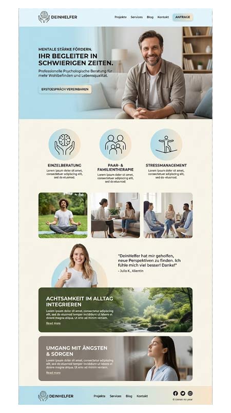 Die Homepage des Psychologen Deinhelfer bietet Unterstützung im Bereich der psychischen Gesundheit und stellt Dienstleistungen wie Einzelberatung, Familientherapie und Stressmanagement vor. Sie enthält Bilder eines lächelnden Therapeuten, entspannende Naturszenen und Erfahrungsberichte von Kunden.